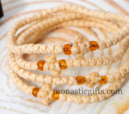 Authentic Komboskini in Light Brown (caramel) Color 1Pcs - Greek Prayer Bracelet, Spiritual Prayer Rope-Thread waxed with clear Orange beads