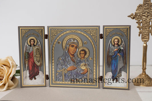 Handcrafted PVD silver and gold plated folding triptych Orthodox icon of the Virgin Mary Enthroned with Archangels for home iconostasis