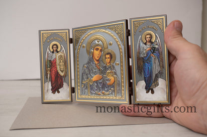 Triptych Icon of Holy Theotokos on a throne  and The Archangels on the doors , Greek Christisn Icon with amazing details.