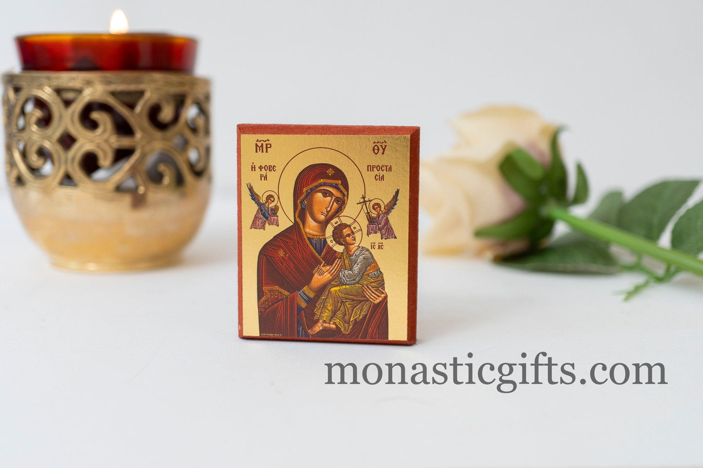 Small Wooden Orthodox icon with amazing details The Virgin Mary Prostasia - Fovera In Golden leaf, wall hanging amazing idea for gift.