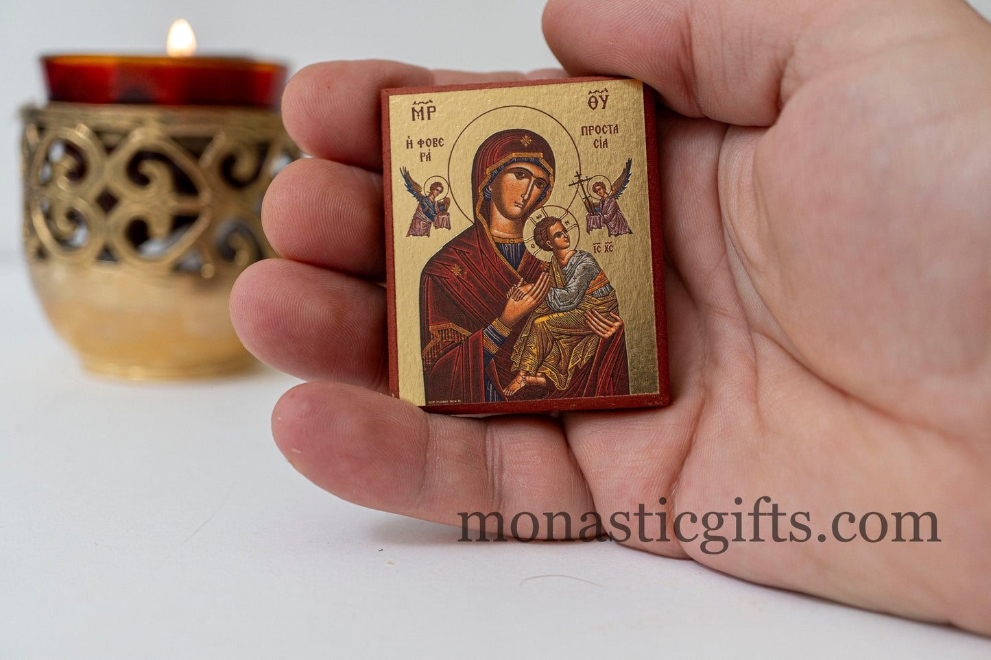 Small Wooden Orthodox icon with amazing details The Virgin Mary Prostasia - Fovera In Golden leaf, wall hanging amazing idea for gift.