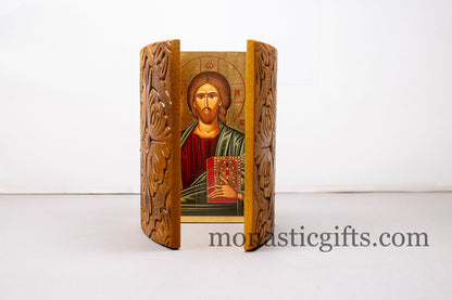 Triptych wooden Icon With Virin Mary ( Amolintos ) Jesus Christ and Saint John ,Byzantine Icon A perfect Gift.