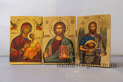 Triptych wooden Icon With Virin Mary ( Amolintos ) Jesus Christ and Saint John ,Byzantine Icon A perfect Gift.