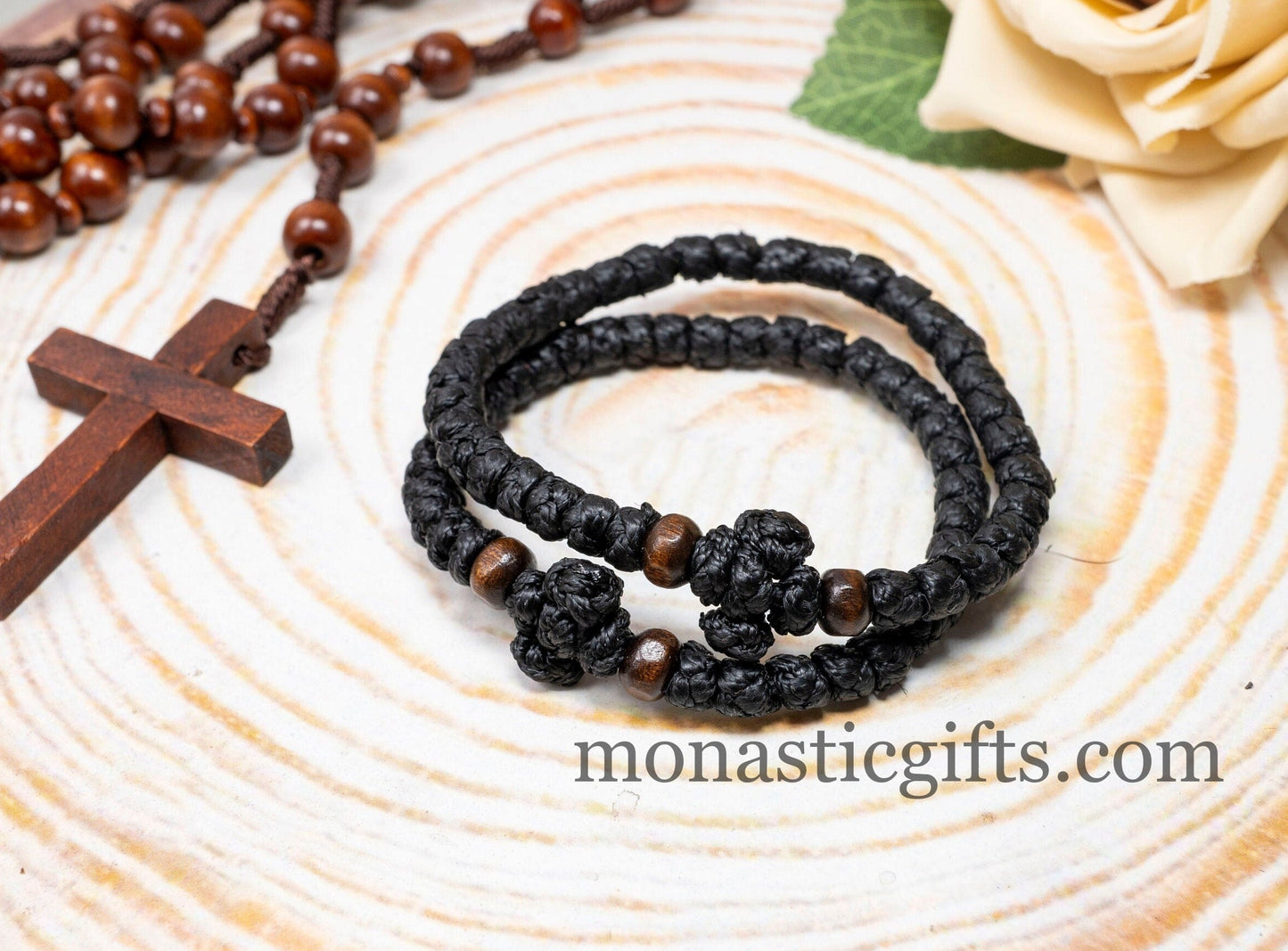 Thick waxed Komboskini 33 knots (the original)  -Prayer Rope  - Black thick waxed knots with wooden beads - Orthodox Gift -  Chotk