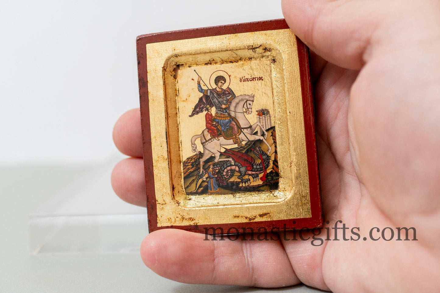 Wooden Icon with Saint George (Αγιος Γεωργιος)with Aging Technique, on Golden Leaf Authentic art in a gold leaf With superior details.