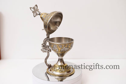 Authentic Heavy and Big Incense Burner Brass Nickel, Handmade - Thurible Censer Metal Little Church with handle and free Gifts