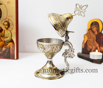 Authentic Heavy and Big Incense Burner Brass Nickel, Handmade - Thurible Censer Metal Little Church with handle and free Gifts