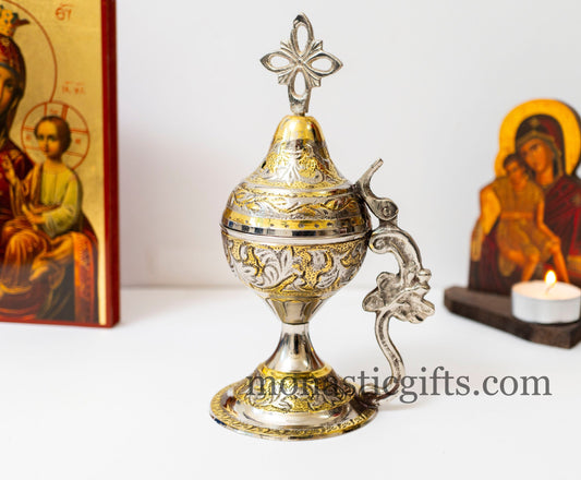 Authentic Heavy and Big Incense Burner Brass Nickel, Handmade - Thurible Censer Metal Little Church with handle and free Gifts