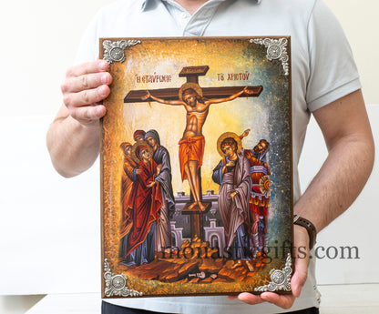 Christian Huge Wooden icon (35 x 45 cm ) With The Crucifixion of Jesus ,superior quality cm Byzantine icon, express Shipping 5-8 Days