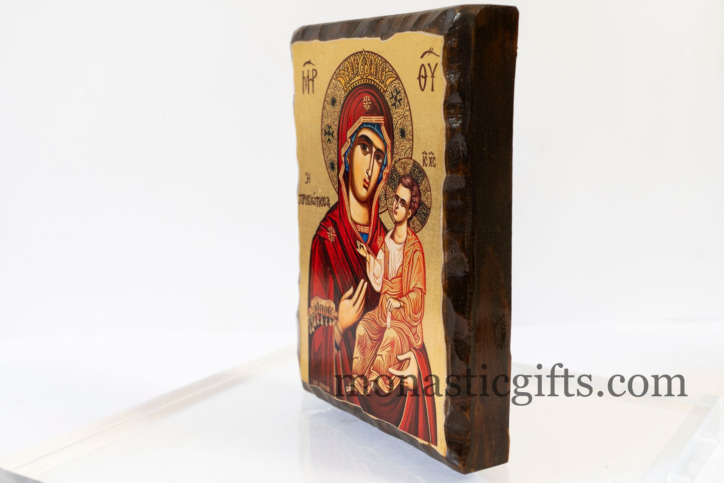 Christian Icon with Virgin Mary Prousiotissa in pure wooden frame Silk Screen Serigraph Icon Based on Byzantine Art wall hanging icon.