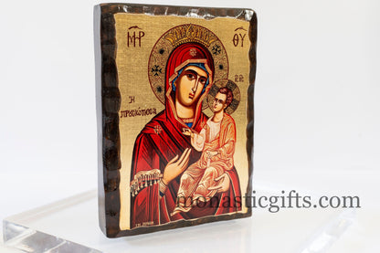 Christian Icon with Virgin Mary Prousiotissa in pure wooden frame Silk Screen Serigraph Icon Based on Byzantine Art wall hanging icon.