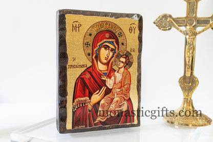 Christian Icon with Virgin Mary Prousiotissa in pure wooden frame Silk Screen Serigraph Icon Based on Byzantine Art wall hanging icon.