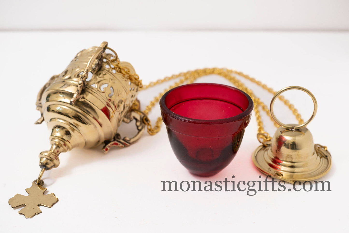 Orthodox Brass Hanging Oil Lamp with Chains & Cross - Handcrafted Byzantine Hanging Vigil Lamp with Free 400+ Wicks & 2 Floats