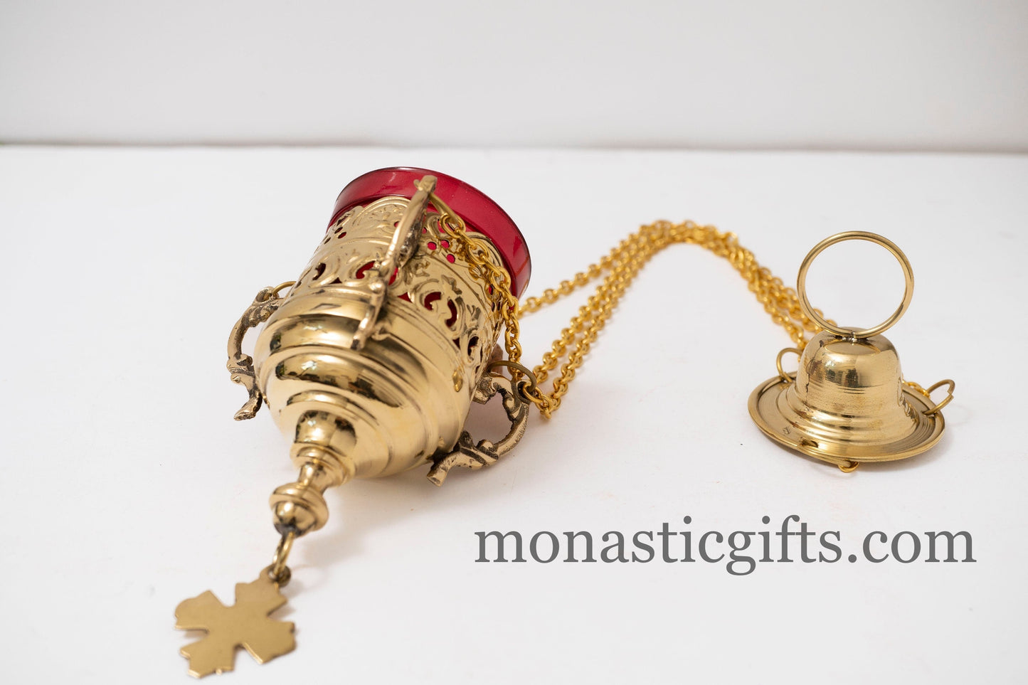 Orthodox Brass Hanging Oil Lamp with Chains & Cross - Handcrafted Byzantine Hanging Vigil Lamp with Free 400+ Wicks & 2 Floats