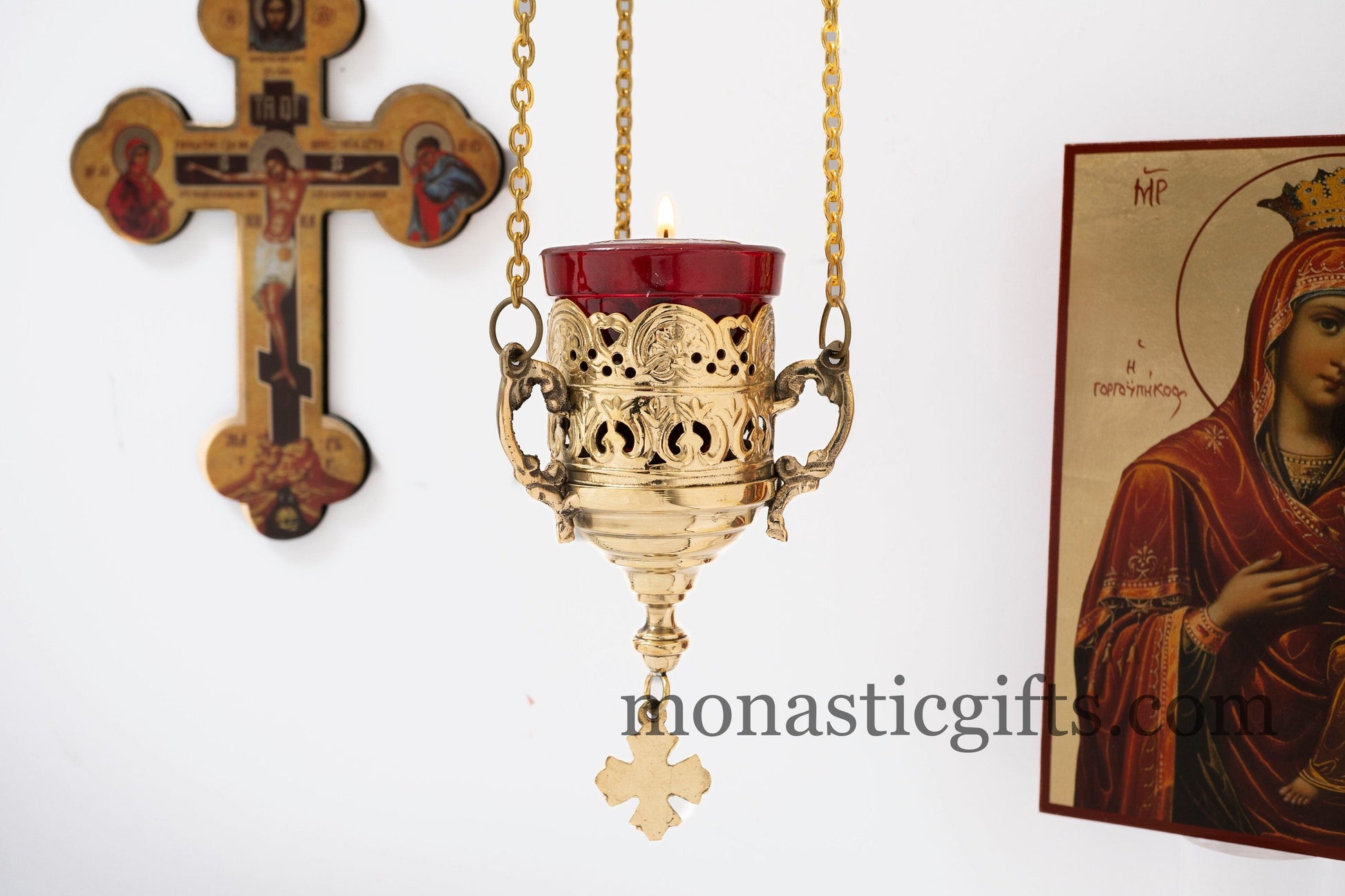 Handcrafted Orthodox brass hanging oil lamp kandili with chains, hanging cross, glass cup, 400+ wicks and 2 cork floats