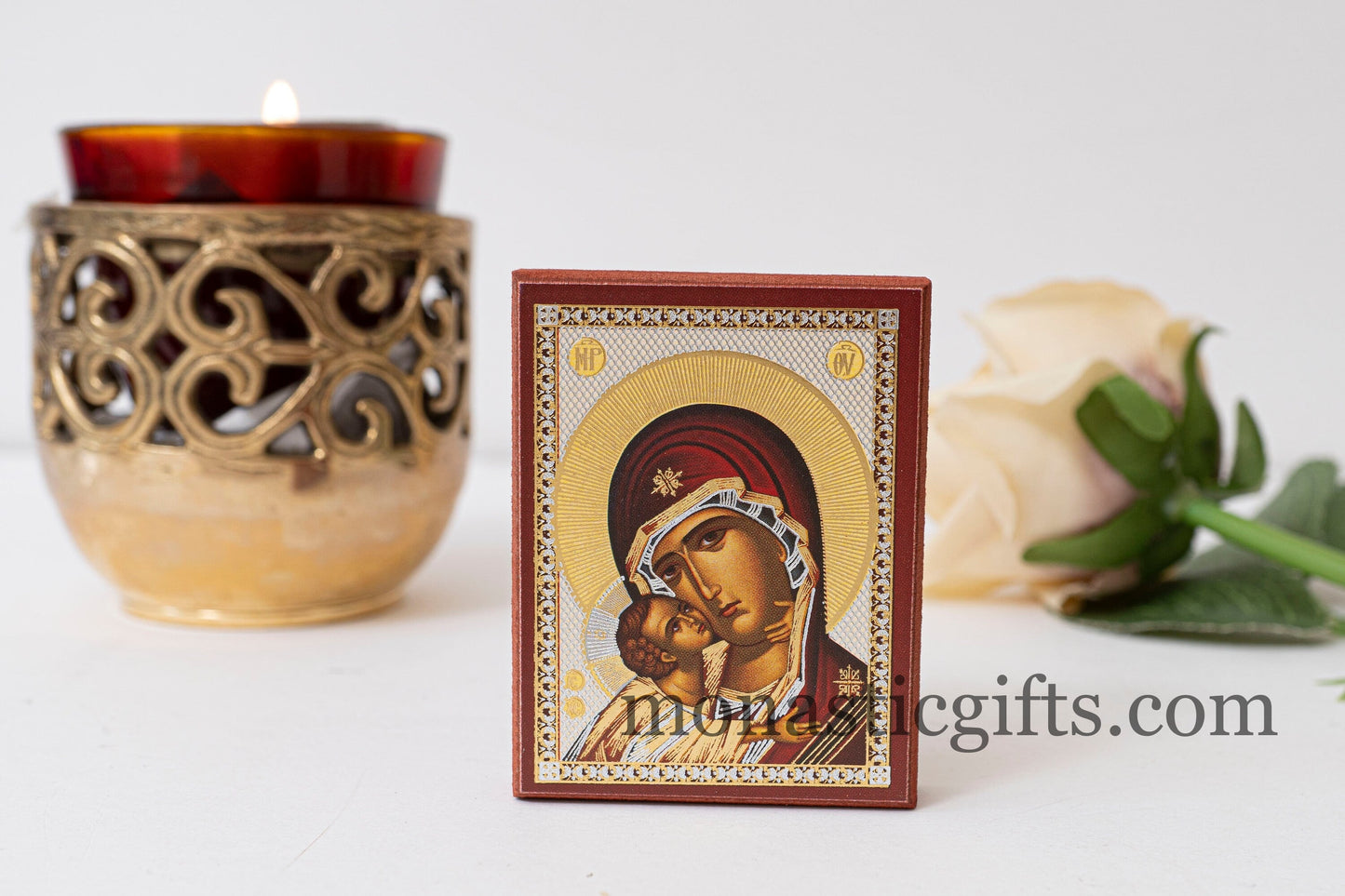 Small Wooden Christian icon The Bust of Virgin Mary In Golden leaf with silver and Golden details, wall hanging amazing idea for gift.