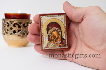 Small Wooden Christian icon The Bust of Virgin Mary In Golden leaf with silver and Golden details, wall hanging amazing idea for gift.