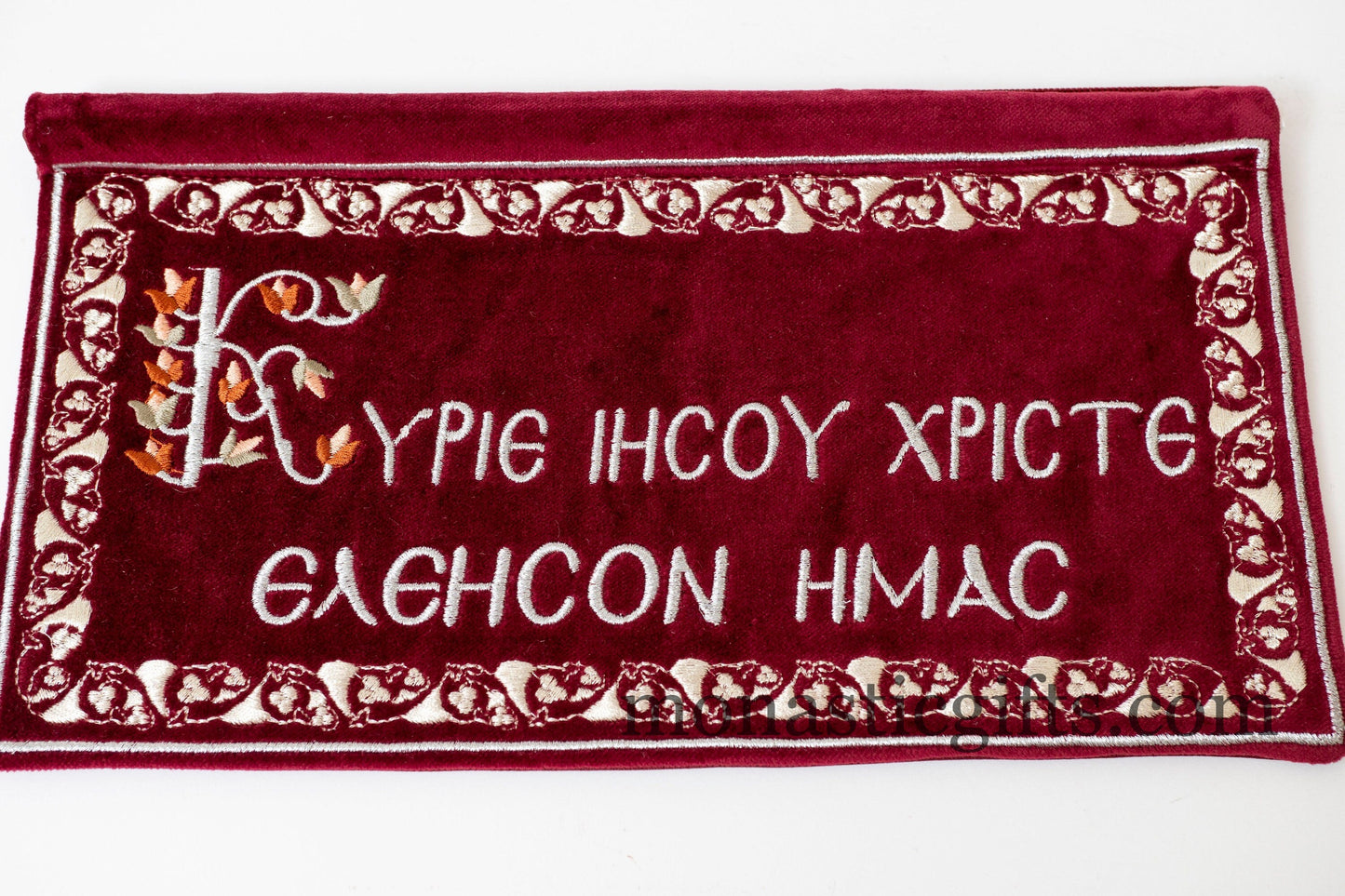 Handmade Christian velvet banner embroidered with a vine pattern on the borders and the prayer "Lord Jesus Christ, have mercy on us."