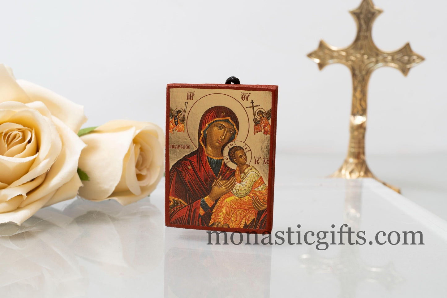 Small Wooden Byzantine icon with Virgin Mary Amolintos In Golden leaf,wall hanging amazing idea for Gift Handmade