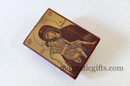 Small Wooden Byzantine icon with Virgin Mary (Αξιον Εστι) In Golden leaf,wall hanging amazing idea for Gift Handmade