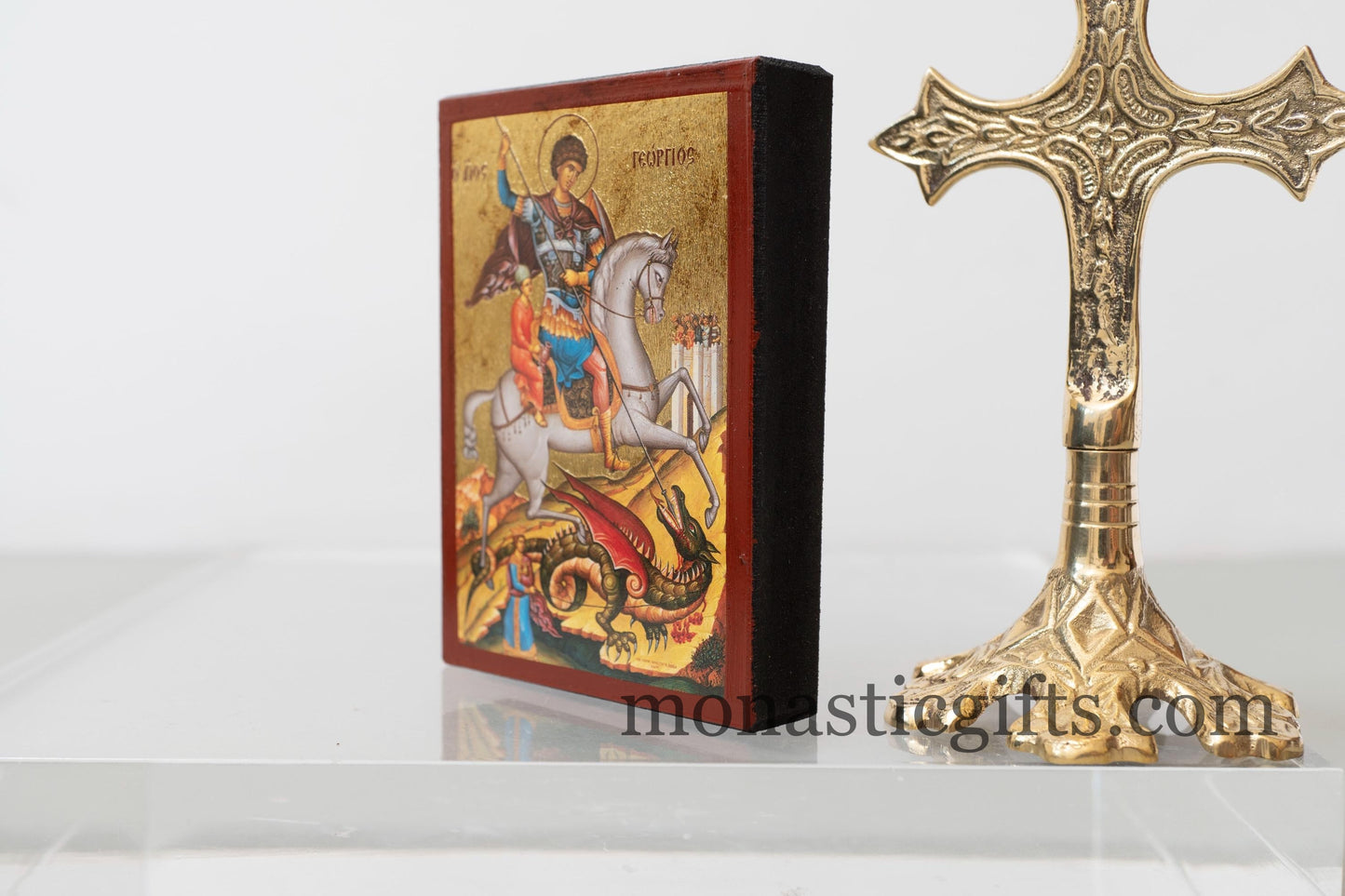 Christian Wooden Icon of Saint George  with  Aging Technique in Golden Leaf . Byzantine art With amazing details.