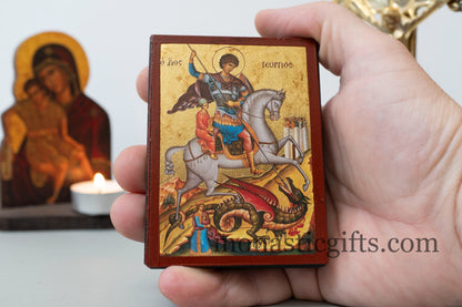 Christian Wooden Icon of Saint George  with  Aging Technique in Golden Leaf . Byzantine art With amazing details.