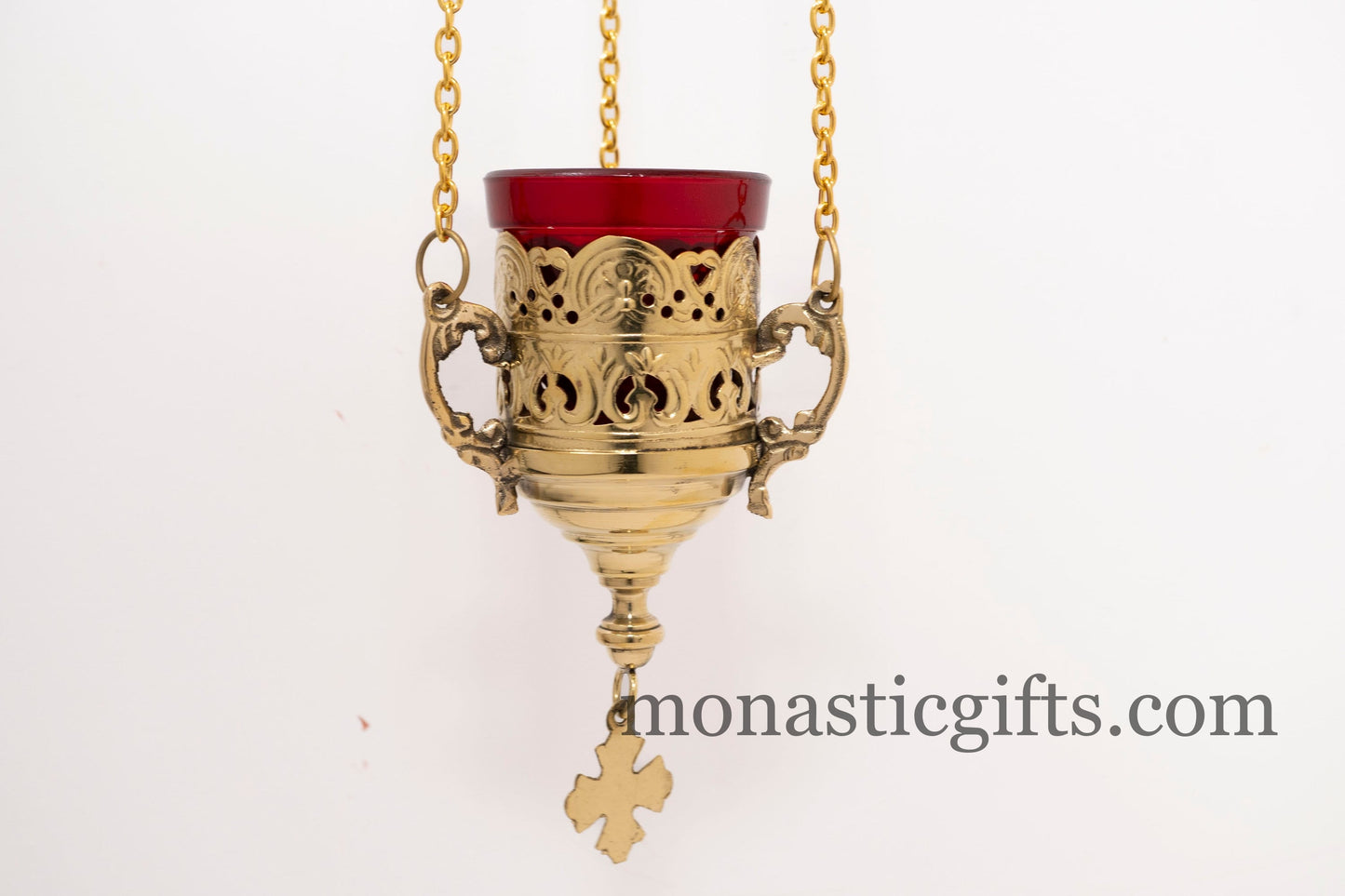 Orthodox Brass Hanging Oil Lamp with Chains & Cross - Handcrafted Byzantine Hanging Vigil Lamp with Free 400+ Wicks & 2 Floats