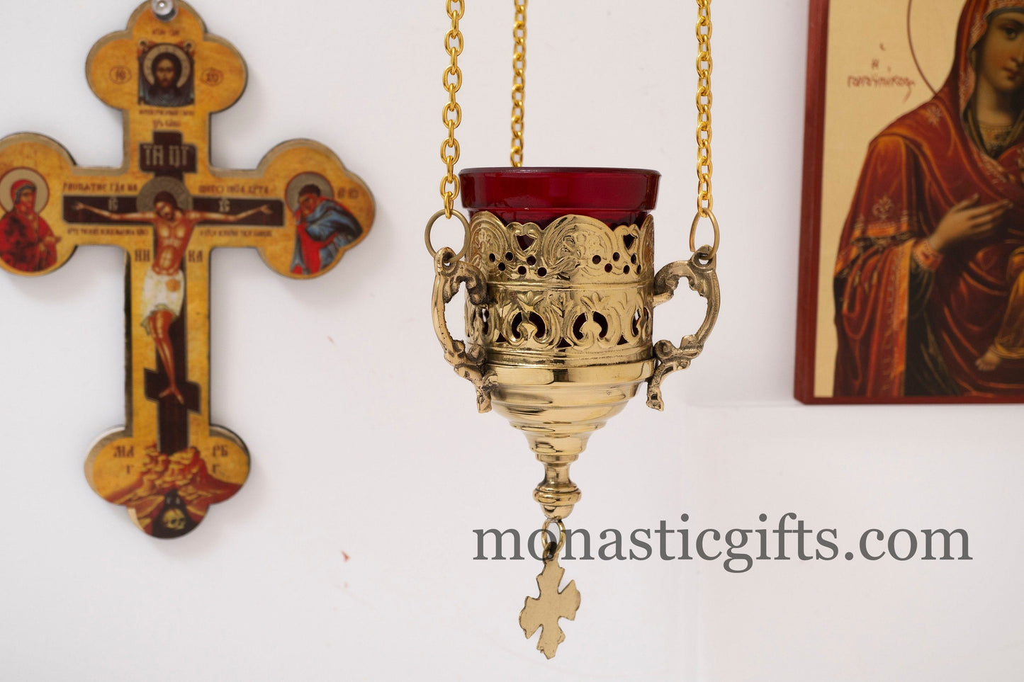 Orthodox Brass Hanging Oil Lamp with Chains & Cross - Handcrafted Byzantine Hanging Vigil Lamp with Free 400+ Wicks & 2 Floats