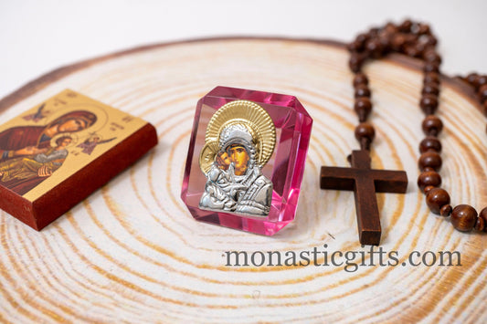 Virgin Mary Icon with Jesus  on small stained glass in Pink color Religious Gifts, Baptism Gift, Religious Art, Christian Gift