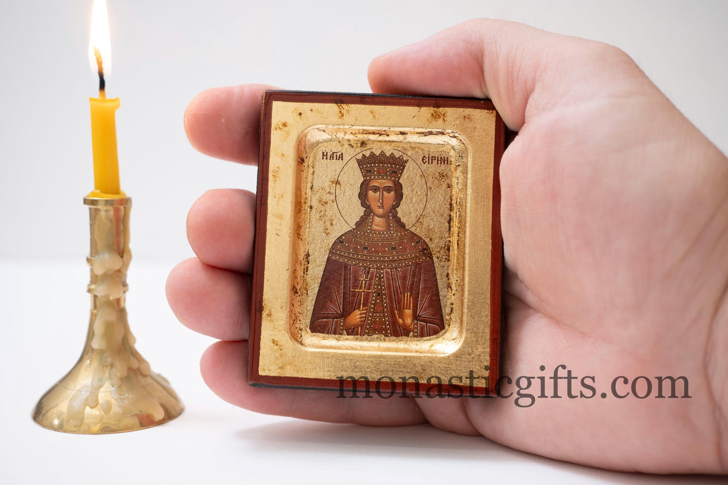 Small Wooden Icon with Saint Irene- Αγια Ειρηνη  with Aging Technique on Golden Leaf Authentic art in a gold leaf,superior details.