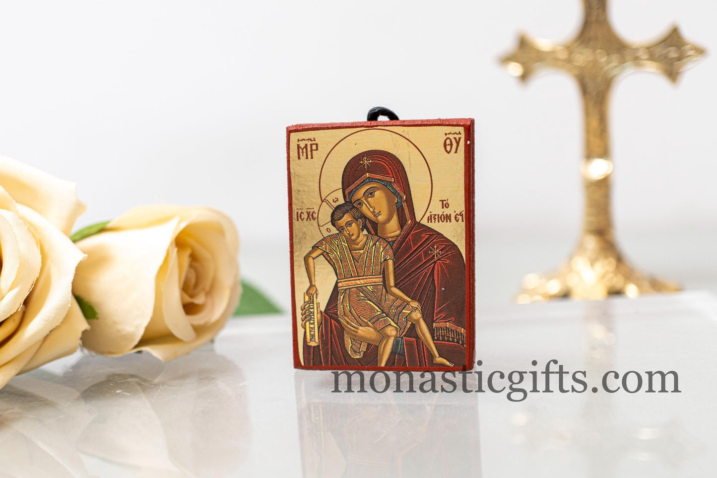 Small Wooden Byzantine icon with Virgin Mary (Αξιον Εστι) In Golden leaf,wall hanging amazing idea for Gift Handmade