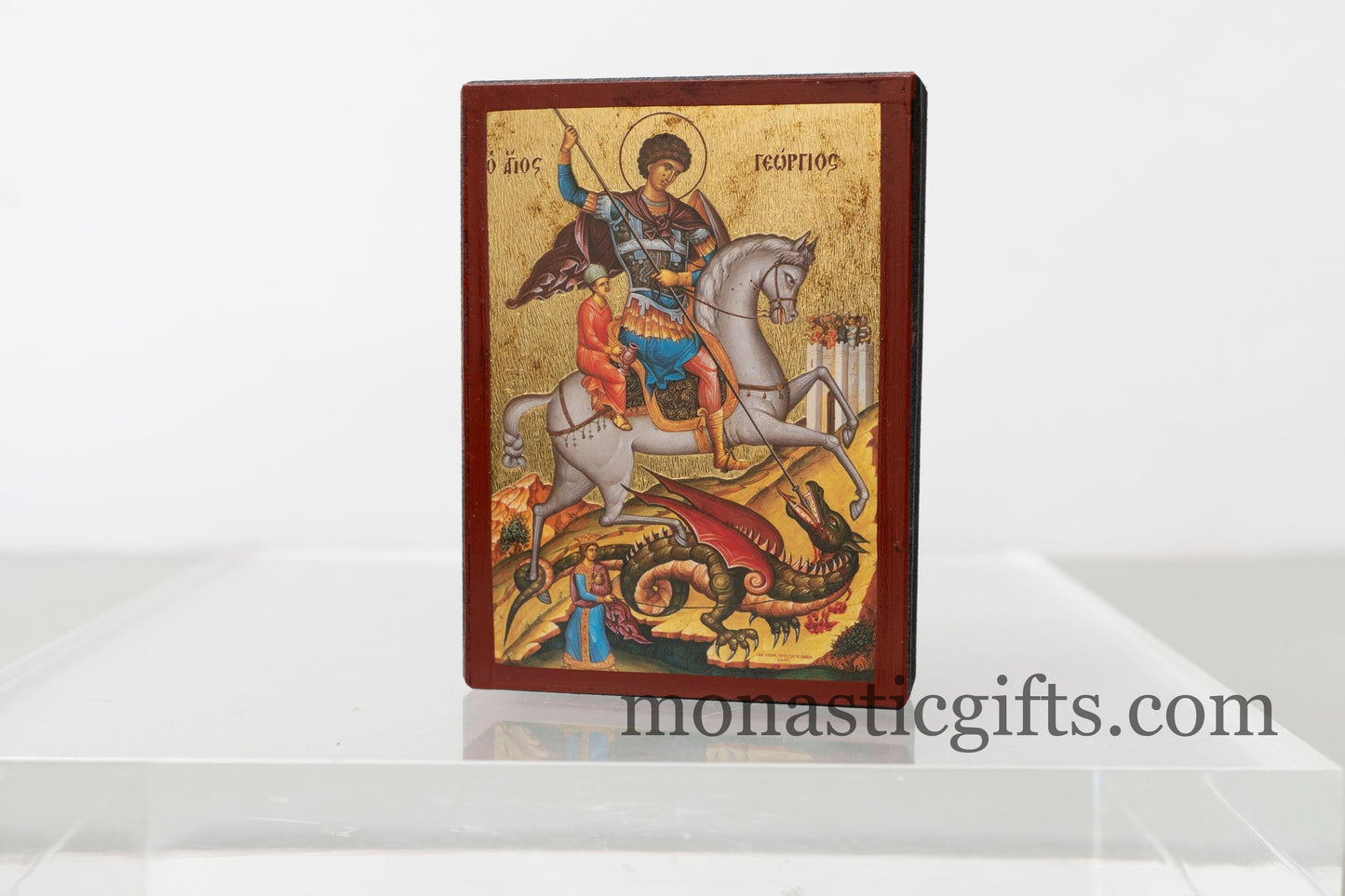 Christian Wooden Icon of Saint George  with  Aging Technique in Golden Leaf . Byzantine art With amazing details.