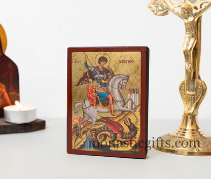 Christian Wooden Icon of Saint George  with  Aging Technique in Golden Leaf . Byzantine art With amazing details.