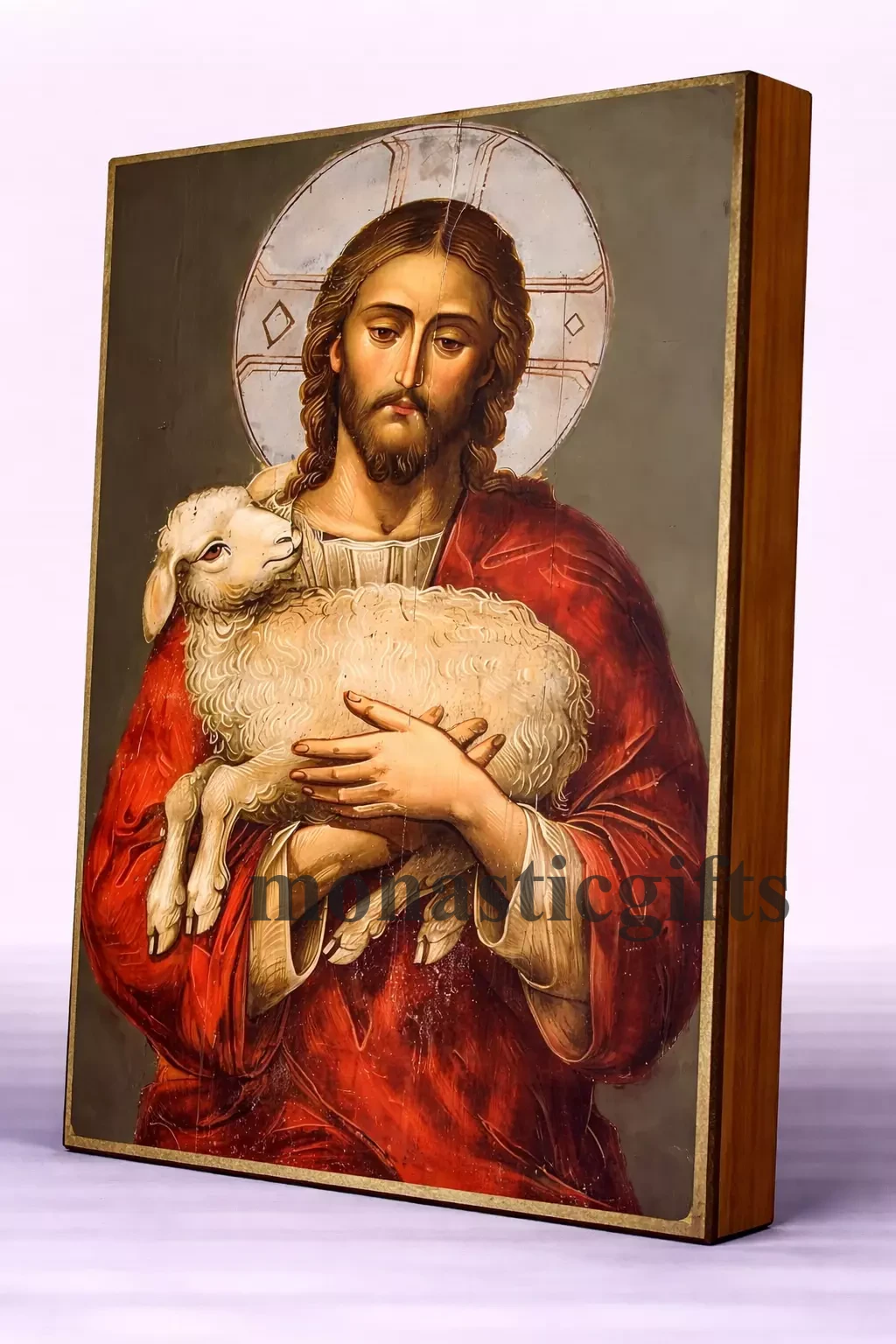 Jesus Christ The Good Shepherd Byzantine Icon – Handmade Wooden Orthodox Icon on Gold Silk Canvas, Various Sizes