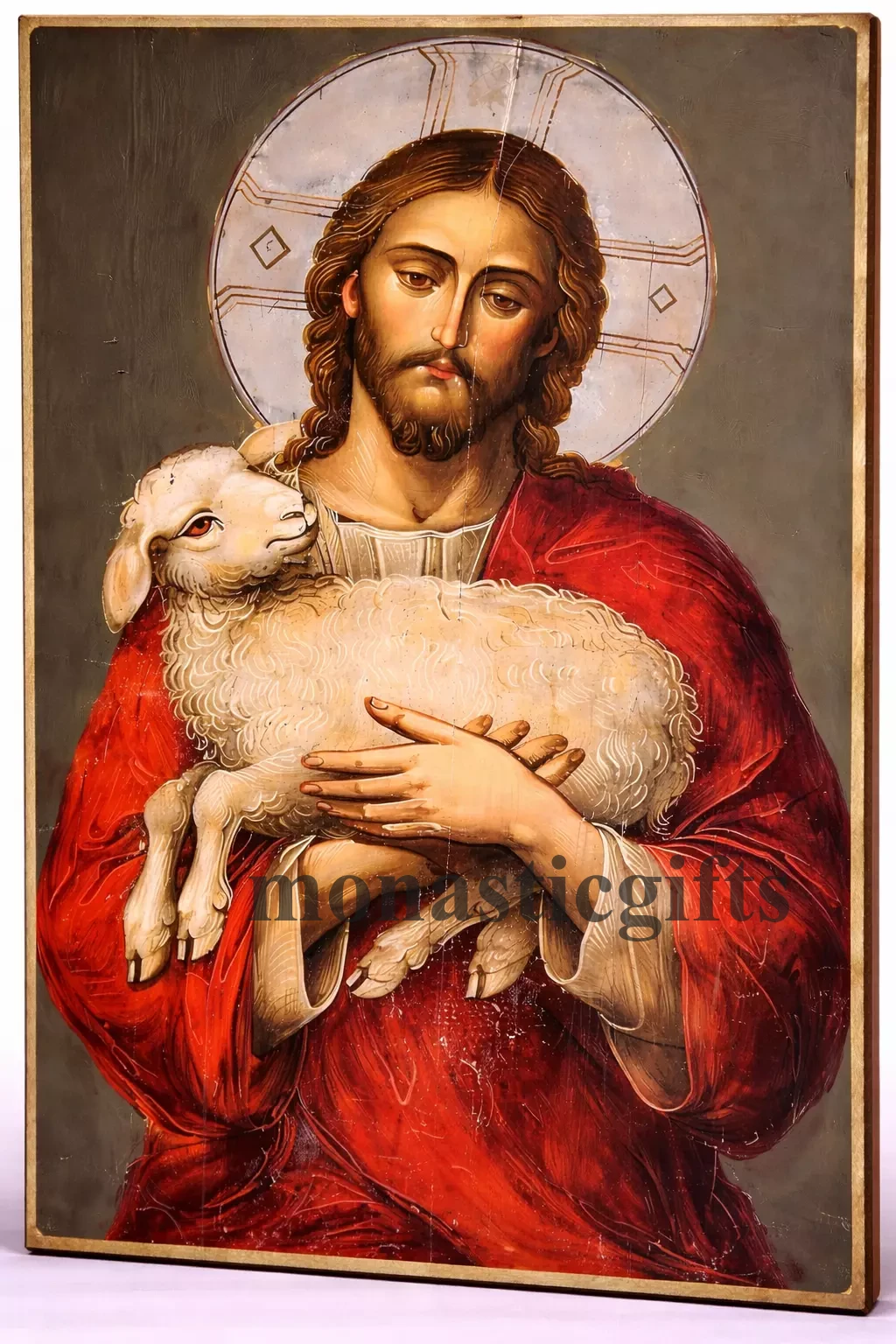 Jesus Christ The Good Shepherd Byzantine Icon – Handmade Wooden Orthodox Icon on Gold Silk Canvas, Various Sizes