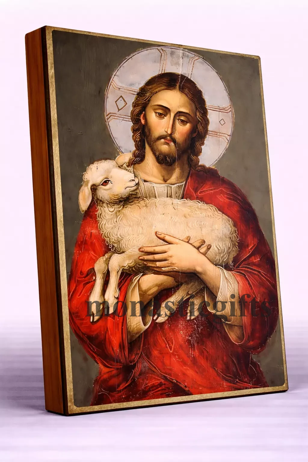 Jesus Christ The Good Shepherd Byzantine Icon – Handmade Wooden Orthodox Icon on Gold Silk Canvas, Various Sizes