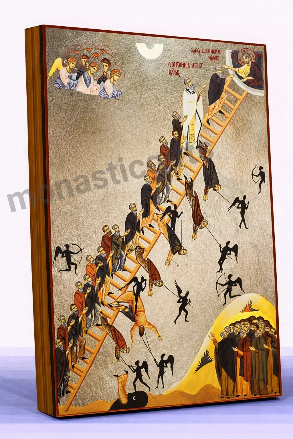 The Ladder of Saint John (The Ladder of Divine Ascent) Byzantine Icon – Handmade Wooden Orthodox Icon on Gold Silk Canvas, Various Sizes