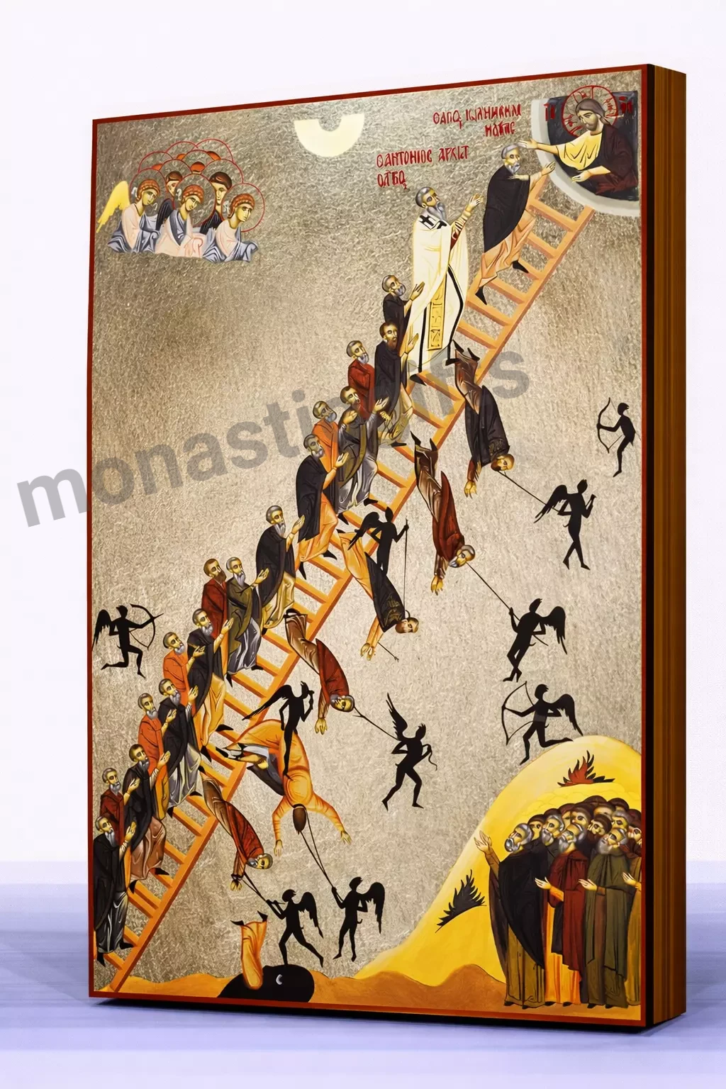 The Ladder of Saint John (The Ladder of Divine Ascent) Byzantine Icon – Handmade Wooden Orthodox Icon on Gold Silk Canvas, Various Sizes