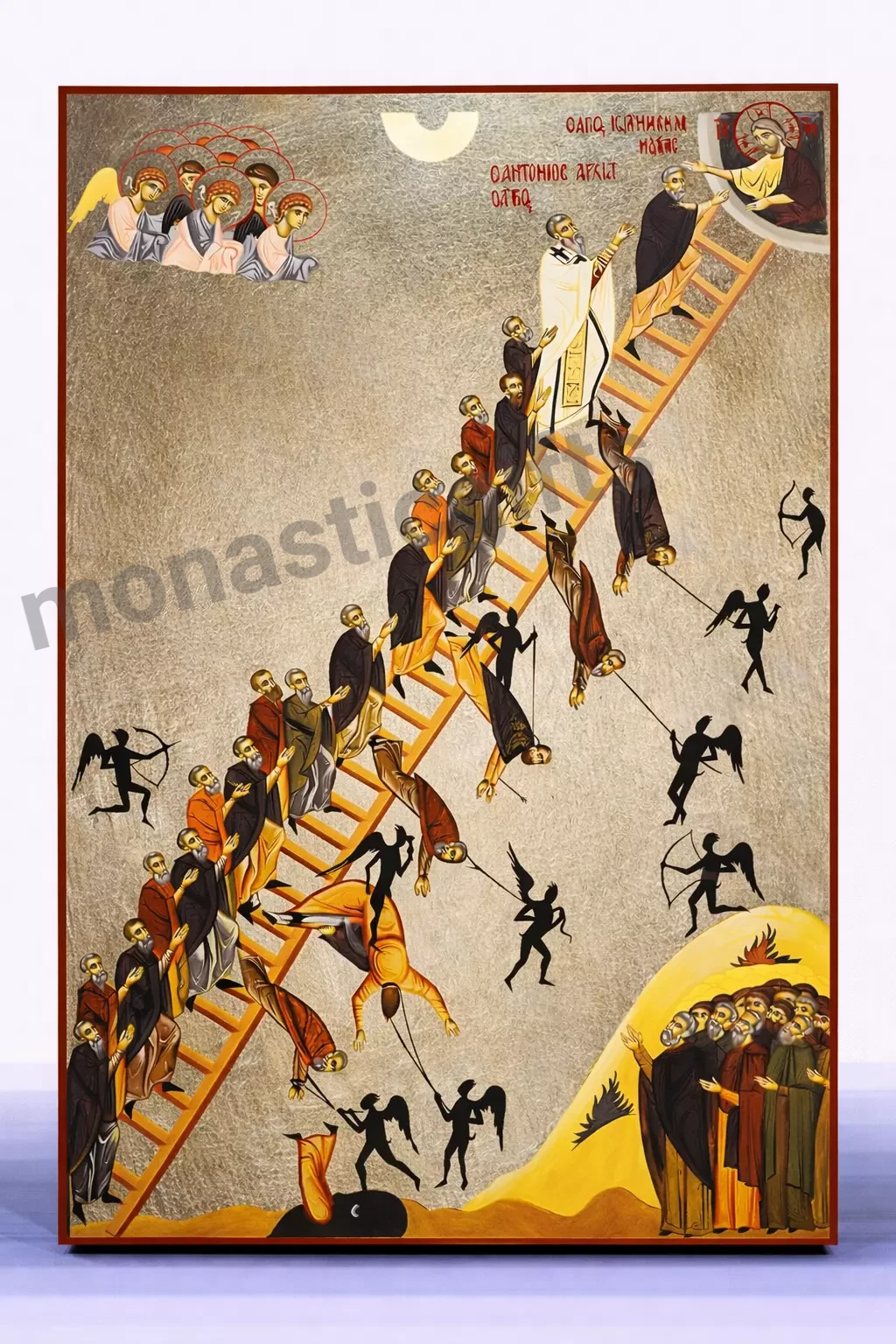 The Ladder of Saint John (The Ladder of Divine Ascent) Byzantine Icon – Handmade Wooden Orthodox Icon on Gold Silk Canvas, Various Sizes