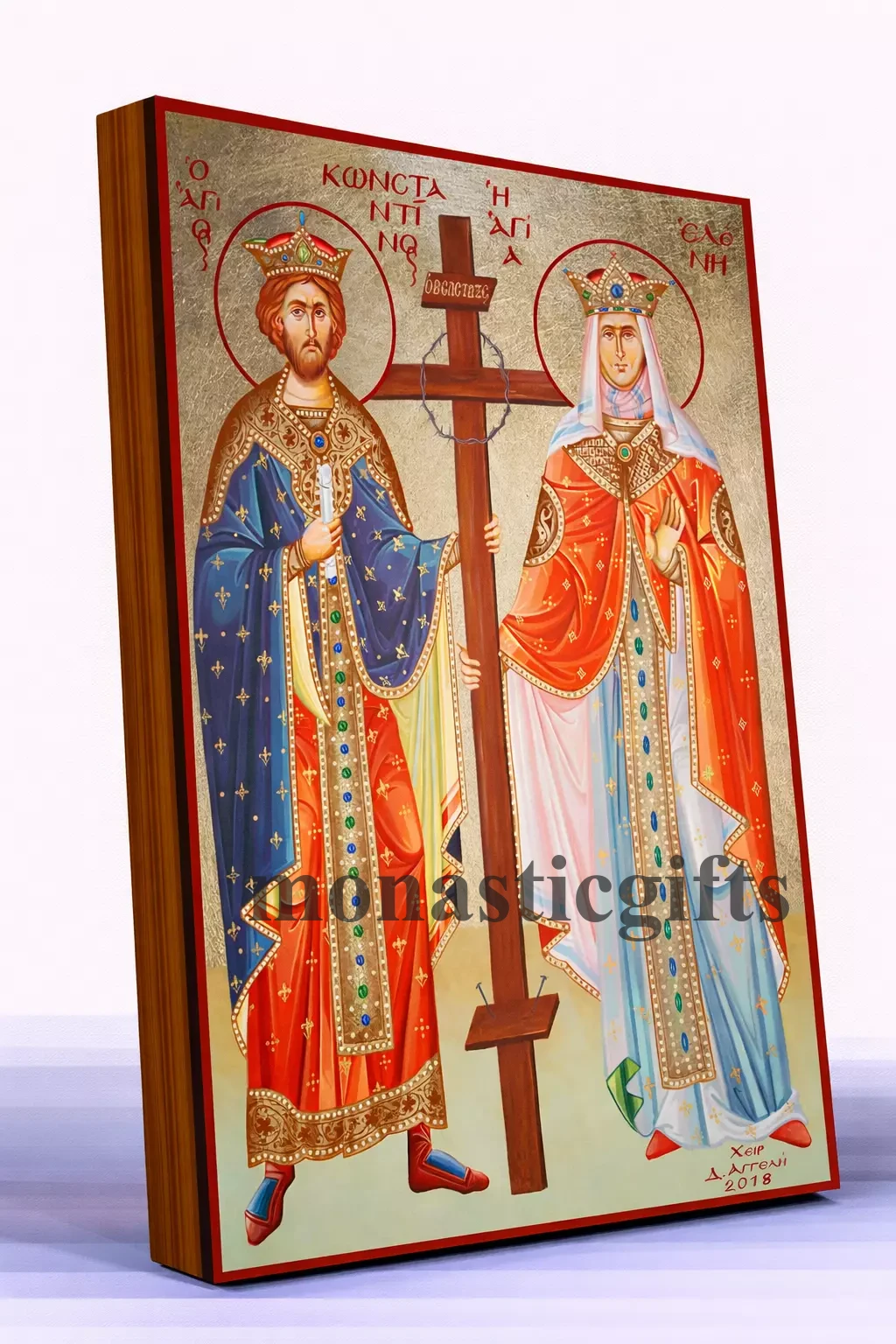 Saints Constantine and Helen Byzantine Icon – Handmade Wooden Orthodox Icon on Gold Silk Canvas, Various Sizes