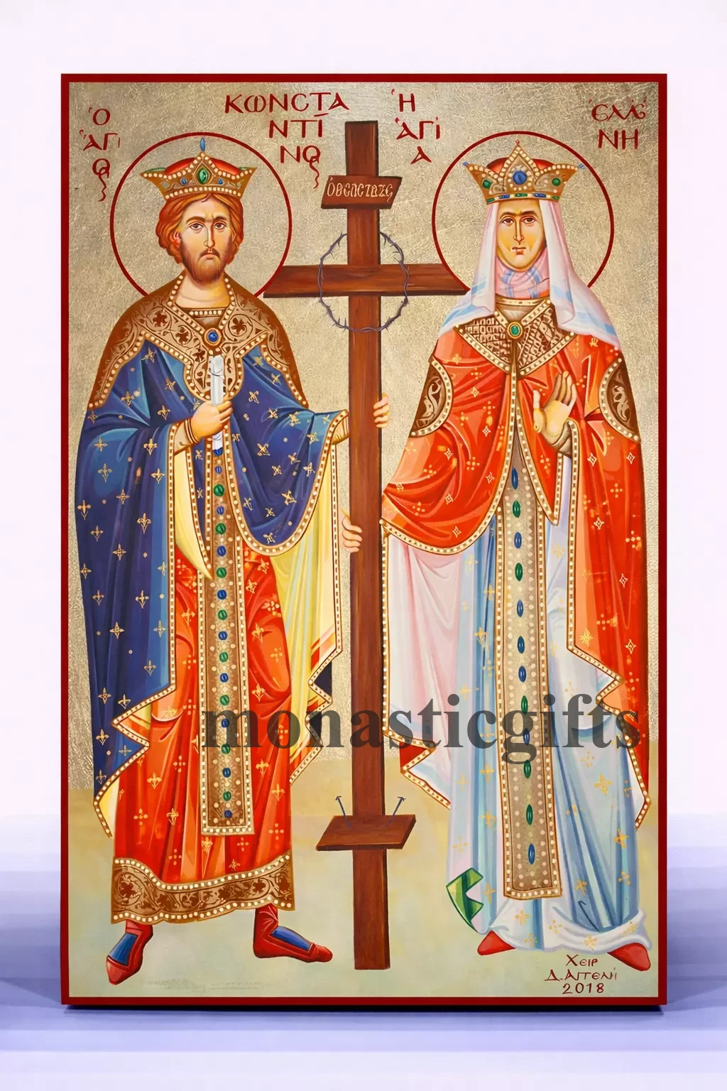 Saints Constantine and Helen Byzantine Icon – Handmade Wooden Orthodox Icon on Gold Silk Canvas, Various Sizes