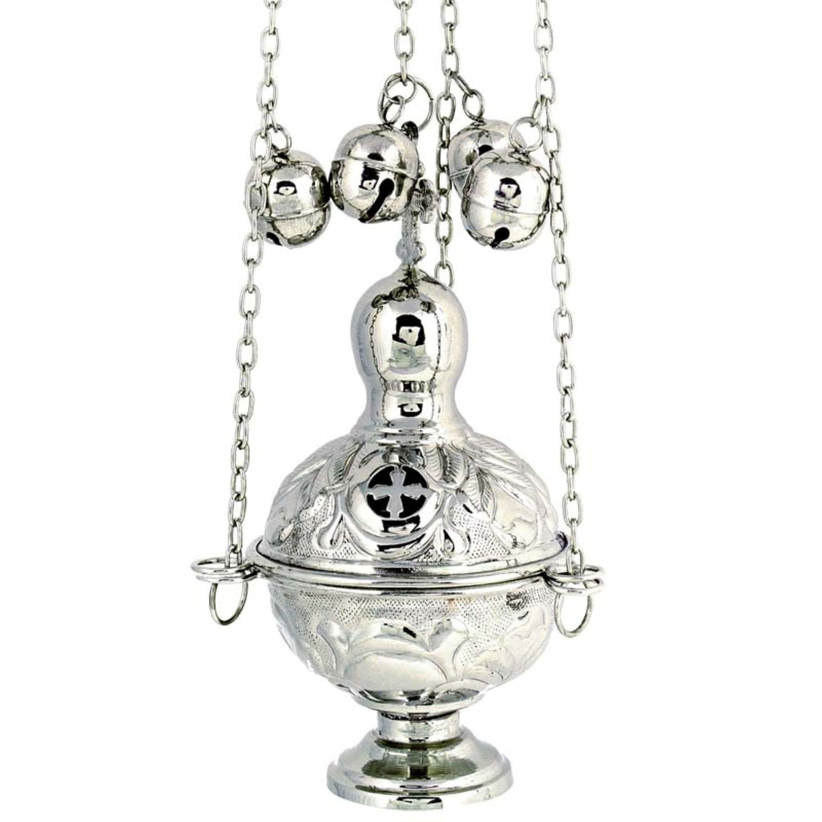 Carved nickel plated hanging censer handmade orthodox liturgical burner with bells 18cm 7.09 inches