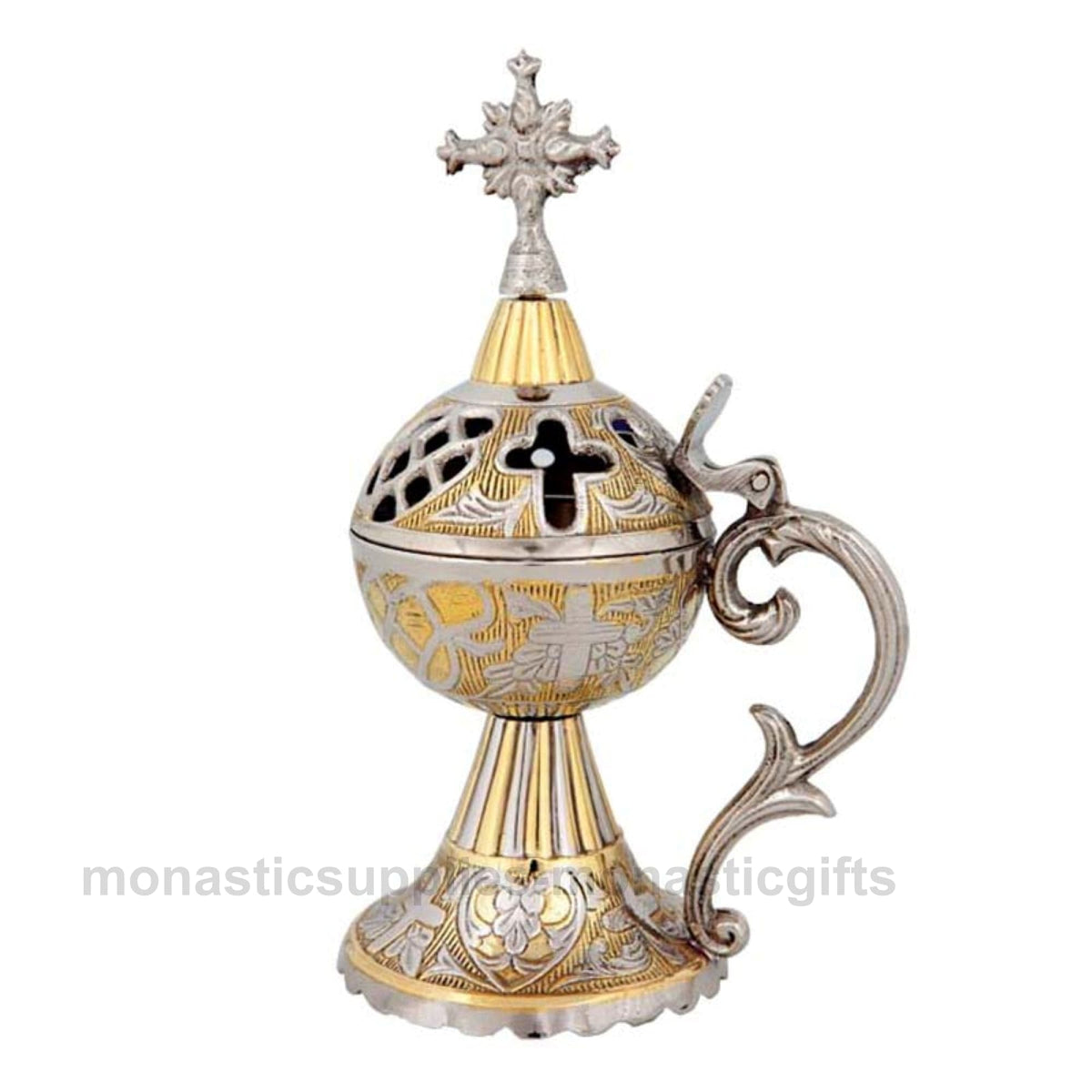 Standing solid brass incense burner censer two tone gold and nickel plated with Orthodox cross 17cm 6.7 inch