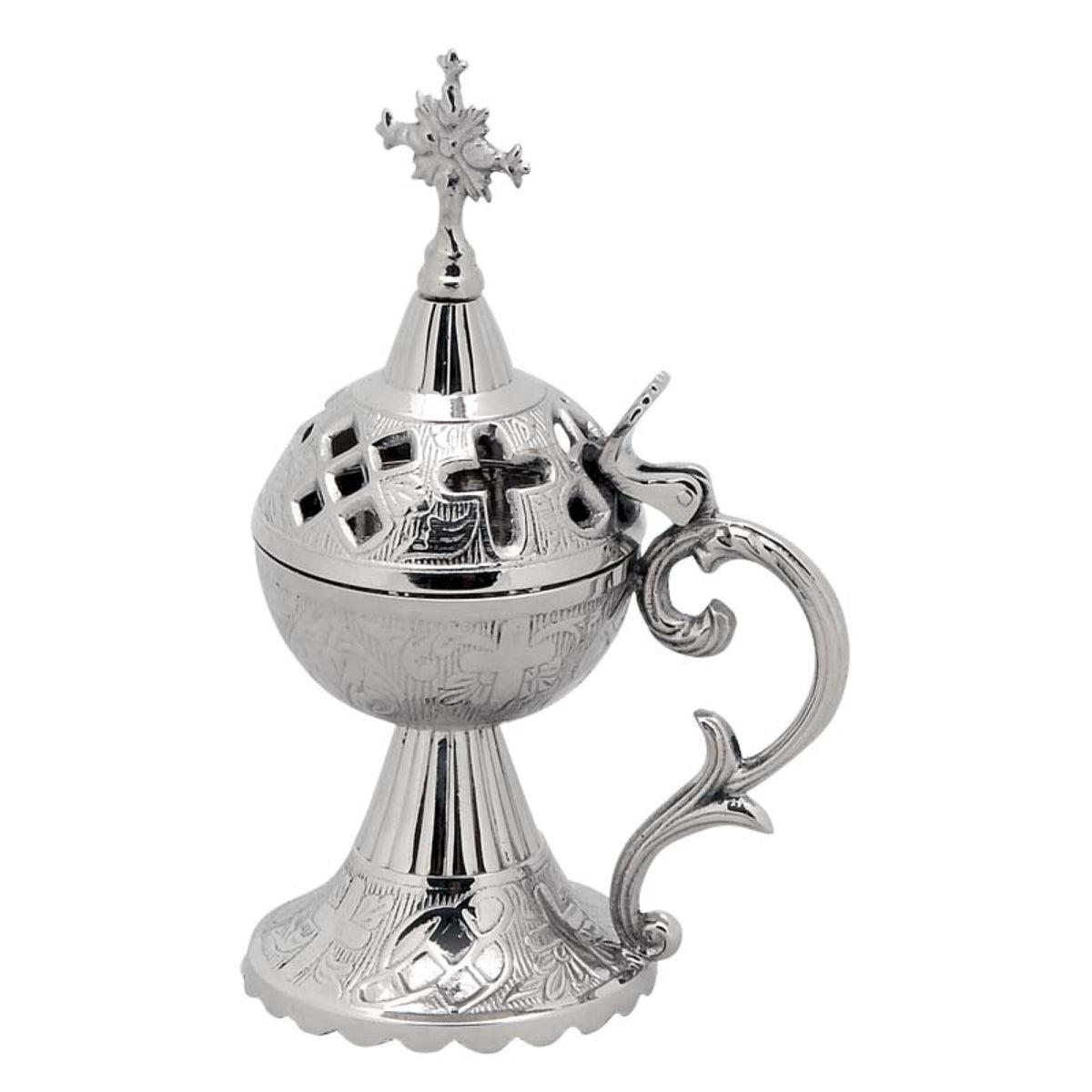 Standing solid brass incense burner censer nickel plated silver tone with Orthodox cross 17cm 6.7 inch