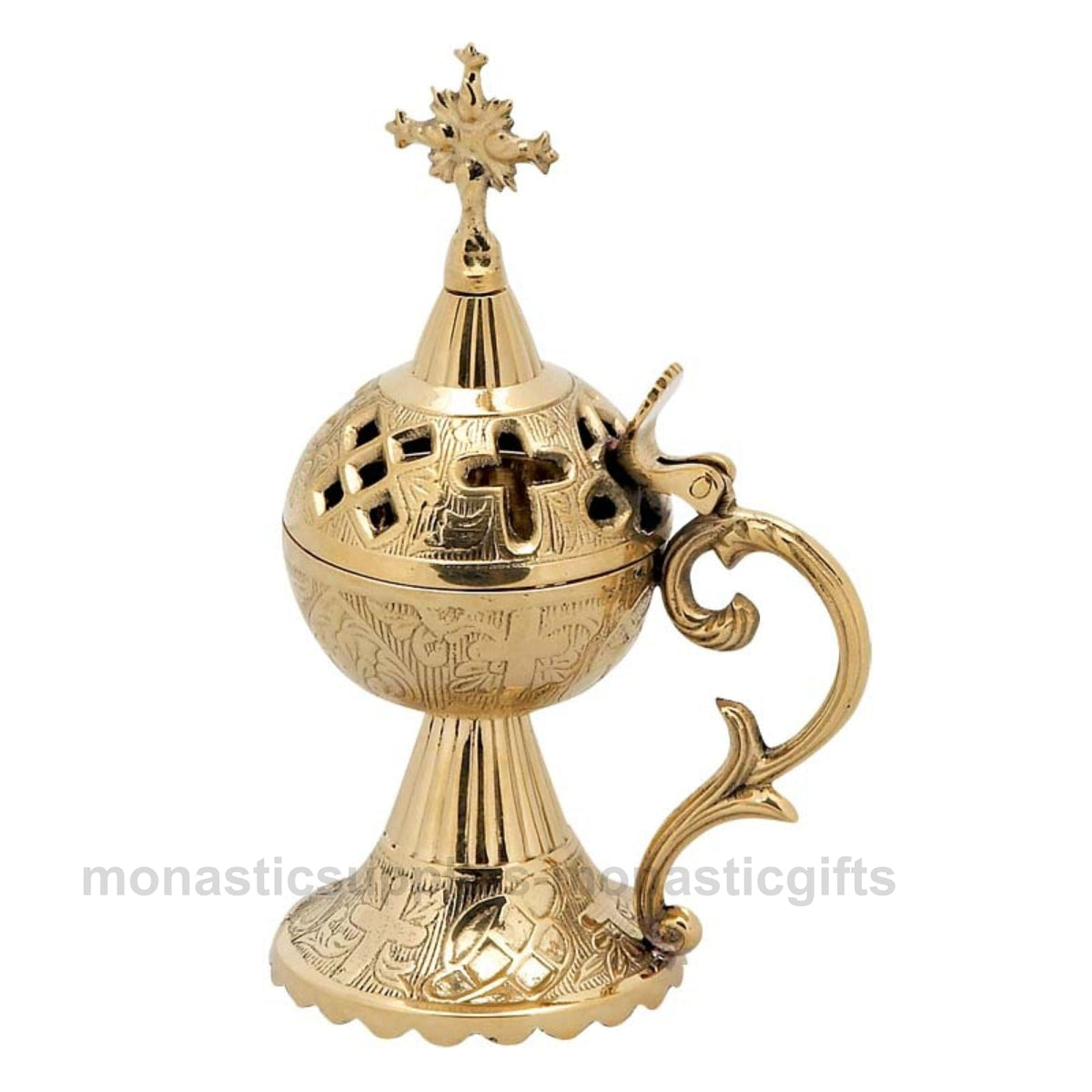Standing solid brass incense burner censer golden brass finish with Orthodox cross 17cm 6.7 inch