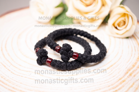 Traditional thick black wool Orthodox prayer rope komboskini bracelet 1pc with red beads adjustable from 16-20cm (6.3-7.87in).