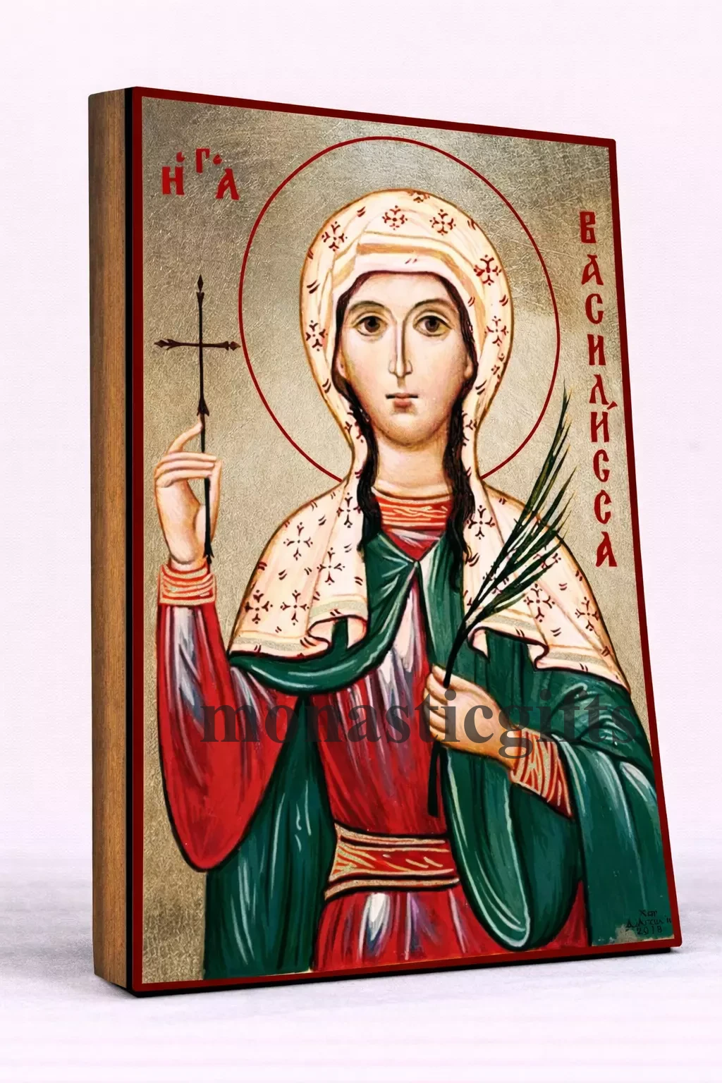 Saint Basilissa Byzantine Icon – Handmade Wooden Orthodox Icon on Gold Silk Canvas, Various Sizes