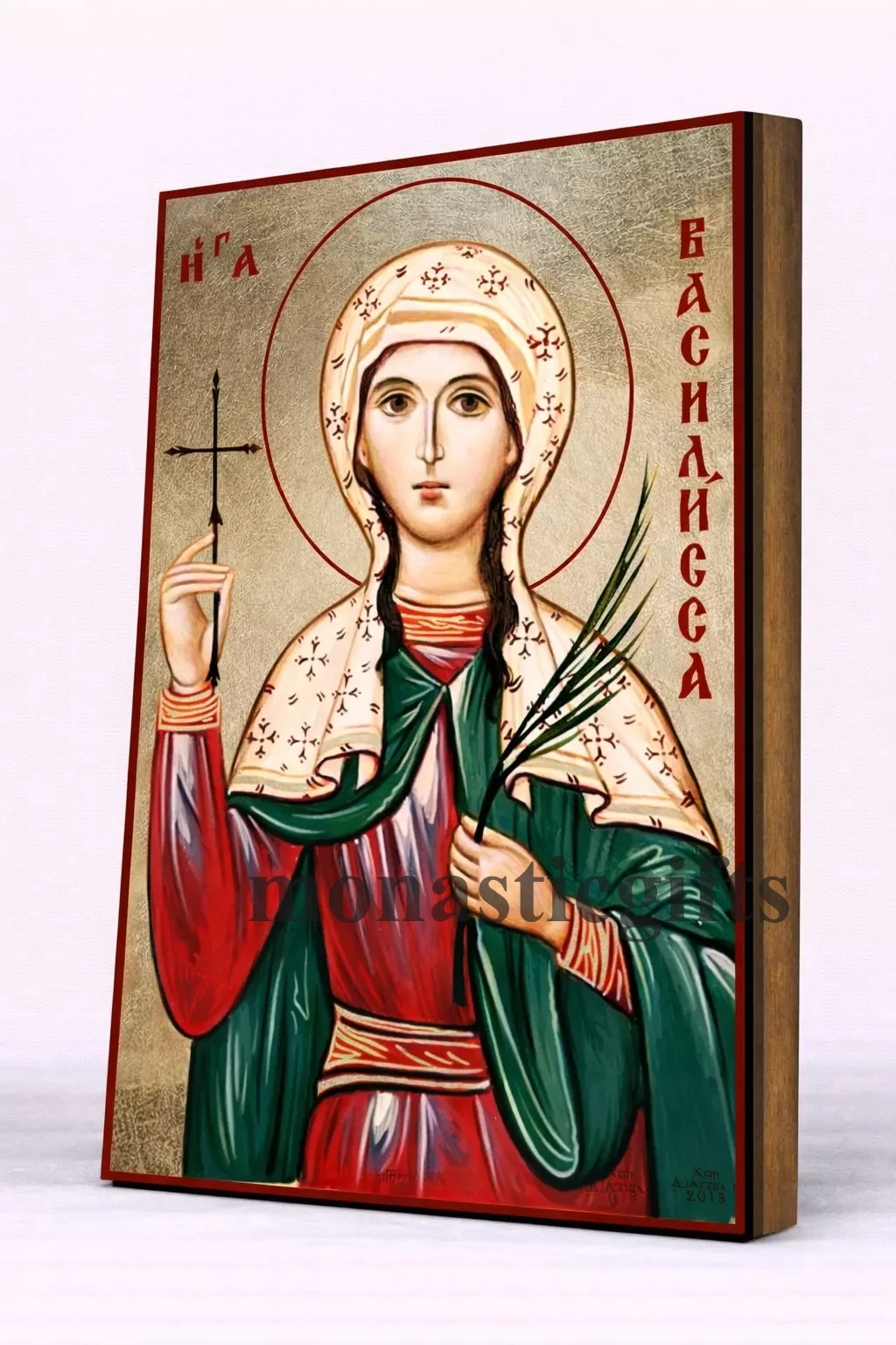 Saint Basilissa Byzantine Icon – Handmade Wooden Orthodox Icon on Gold Silk Canvas, Various Sizes
